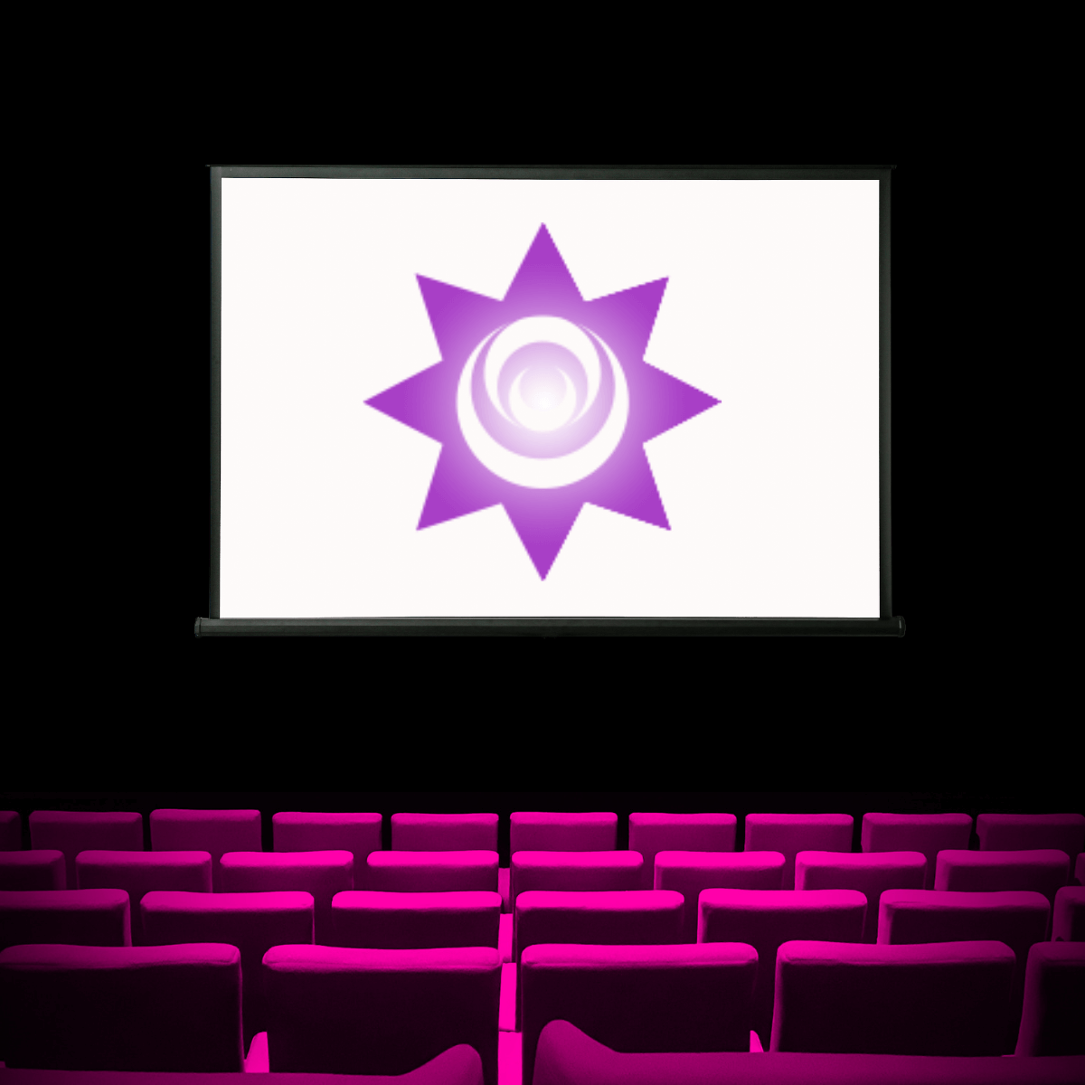 Pink movie theater chairs with a projector screen in front of them.